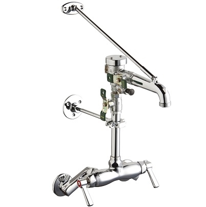 Chicago Faucets 445-PVBRXKCCP Hot and Cold Water Sink Faucet, 3-3/8" Body, Adjustable Arms 3" - 8-3/8", 7-3/8" Spout with 3/4" Male Hose Thread, Pail Hook and Wall Brace, Integrated Check Valve, 2-3/8" Lever Handle