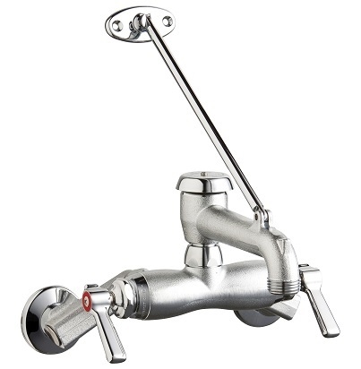 Chicago Faucets 445-VBRXKCRCF Hot and Cold Water Sink Faucet, 3-3/8" Body, Adjustable Arms 3" - 8-3/8", 5-3/4" Vacuum Breaker Spout with 3/4" Male Hose Thread and Pail Hook, Ceramic Operating Cartridge, 2-3/8" Lever Handle, Rough Chrome Plated