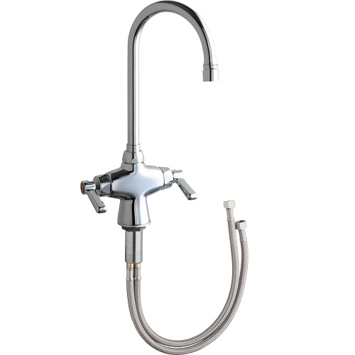 Chicago Faucets 50-VPAABCP Hot and Cold Water Mixing Sink Faucet, Single Hole, 5-1/4" Gooseneck Spout, 2.2 GPM Vandal Proof Softflo Aerator, Lever Handle