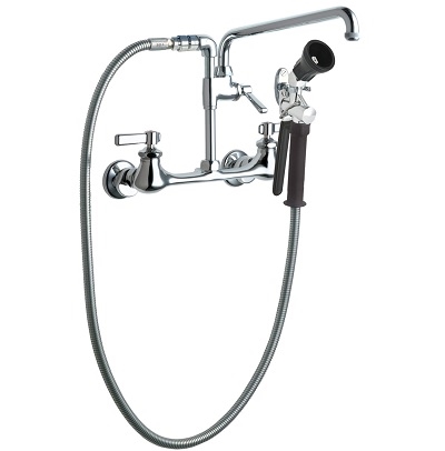 Chicago Faucets 509-GVBL12XKCAB Pre-Rinse Fitting with 613-A Adapta-Faucet, Wall Mounted, Adjustable Arms for 7-1/4" - 8-3/4" Centers, 1.0 GPM at 60 PSI Spray Valve, 12" L-Type Spout, 2-3/8" Lever Handle, E23JKABCP Back Flow Preventer