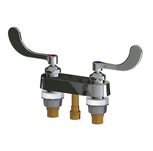 Chicago Faucets 525-ABCP Remote Hot and Cold Water Sink Faucet, 4" Fixed Centers, 4" Wristblade Handle