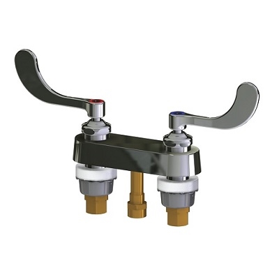 Chicago Faucets 525-XKCABCP Remote Hot and Cold Water Sink Faucet, 4" Fixed Centers, Ceramic Operating Cartridge with Integrated Check Valve, 4" Wristblade Handle