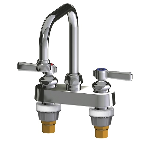 Chicago Faucets 526-E2CP Hot and Cold Water Sink Faucet, 4" Fixed Centers, 6-1/4" Double-bend Spout, Full Flow 3/4" Hose Thread Male Outlet, 2-3/8" Lever Handle
