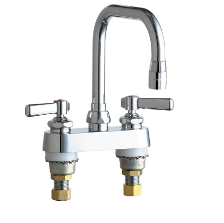 Chicago Faucets 526-E3ABCP Hot and Cold Water Sink Faucet, 4" Fixed Centers, 6-1/4" Double-bend Spout, 2.2 GPM Softflo Aerator, Lever Handle