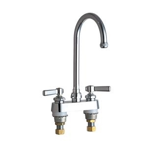 Chicago Faucets 526-GN2AE1ABCP Hot and Cold Water Sink Faucet, 4" Fixed Centers, Gooseneck Spout, Full Flow Quixtop Outlet, Lever Handle