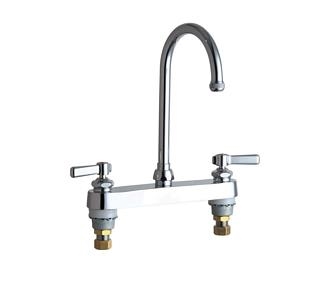 Chicago Faucets 527-GN2AE1ABCP Hot and Cold Water Sink Faucet, 8" Fixed Centers, 5-1/4" Gooseneck Spout, Full Flow Quixtop Outlet with Single Screen Design, Lever Handle