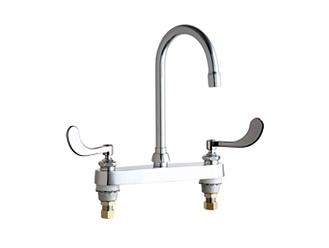 Chicago Faucets 527-GN2AE3-317ABCP Hot and Cold Water Sink Faucet, 8" Fixed Centers, 5-1/4" Gooseneck Spout, 2.2 GPM Softflo Aerator, Wristblade Handle