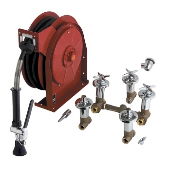 Chicago Faucets 536-NF Hose Reel Assembly with Hot and Cold Water Fitting, 8" Center Hose Reels, 2.5 GPM at 60 PSI Spray Valve, 3" Cross Handle