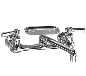 Chicago Faucets 540-ABCP Hot and Cold Water Sink Faucet with Soap Dish, 8" Body, Adjustable Arms 7-1/4" - 8-3/4", 6" S Type Swing Spout, 2.2 GPM Softflo Aerator, 2-3/8" Lever Handle