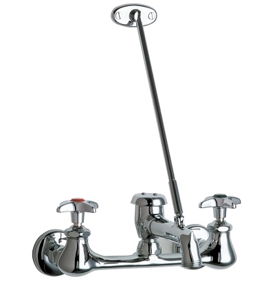Chicago Faucets 540-LD897SWXF204CP Hot and Cold Water Sink Faucet, 8" Fixed Centers, 5-3/4" Rigid Vacuum Breaker Spout with 3/4" Male Hose Thread and Pail Hook, 2-1/2" Cross Handle