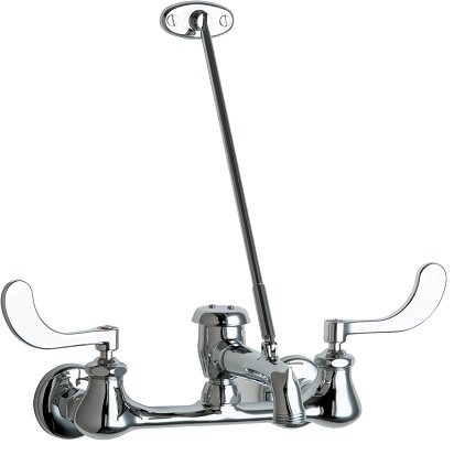 Chicago Faucets 540-LD897SWXF317CP Hot and Cold Water Sink Faucet, 8" Fixed Centers, 5-3/4" Vacuum Breaker Spout with 3/4" Male Hose Thread, 4" Wristblade Handle