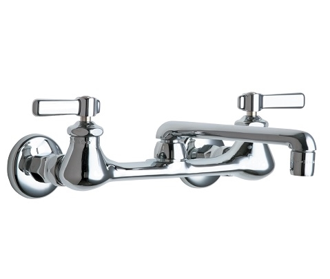 Chicago Faucets 540-LDXKABCP Hot and Cold Water Sink Faucet, Wall Mounted, 8" Body with Adjustable Arms, 6" S-Type Spout, 2.2 GPM Softflo Aerator, Ceramic 1/4-Turn Operating Cartridge, Lever Handle