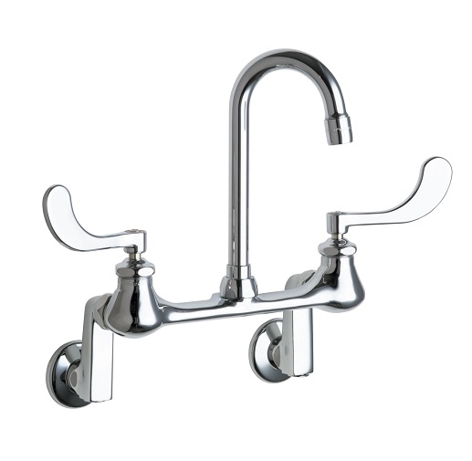 Chicago Faucets 631-E35XKRABCP Hot and Cold Water Sink Faucet, Wall Mounted, 8" Body, Adjustable Arms 3" - 13" Centers, Gooseneck Spout, 1.5 GPM Softflo Aerator, Ceramic 1/4-Turn Operating Cartridge, 4" Wristblade Handle