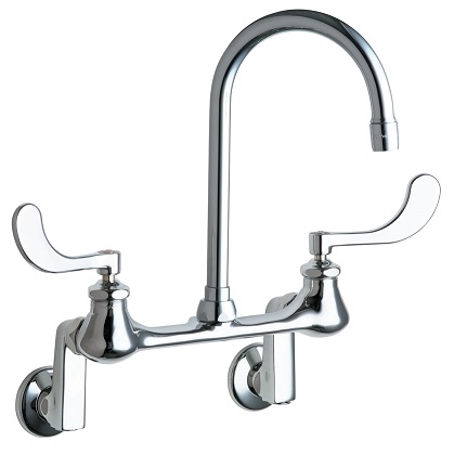 Chicago Faucets 631-RGN2AE3ABCP Hot and Cold Water Sink Faucet, 8" Body, Adjustable Arms 3" - 13" Centers, 5-1/4" Gooseneck Spout, 2.2 GPM Softflo Aerator, 4" Wristblade Handle