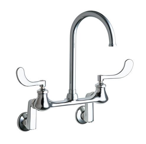 Chicago Faucets 631-RGN2FCABCP Hot and Cold Water Sink Faucet, 8" Body, Adjustable Arms 3" - 13" Centers, 5-1/4" Gooseneck Spout, 1.5 GPM Laminar Flow Control Insert, 4" Wristblade Handle