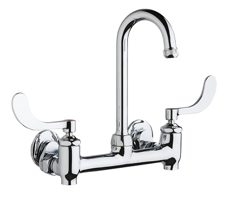 Chicago Faucets 640-GN1AE1-317YAB Hot and Cold Water Sink Faucet with Integral Supply Stops, 8" Body, Adjustable Arms, 3-1/2" Gooseneck Spout, Full Flow Quixtop Outlet, 4" Wristblade Handle