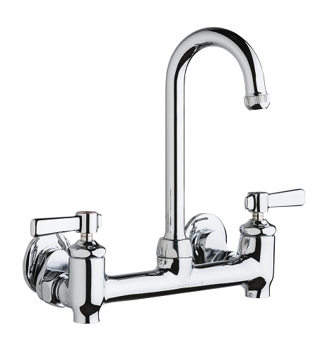 Chicago Faucets 640-GN1AE1-369YAB Hot and Cold Water Sink Faucet with Integral Supply Stops, 8" Body, Adjustable Arms, 3-1/2" Gooseneck Spout, Full Flow Quixtop Outlet, 2-3/8" Lever Handle