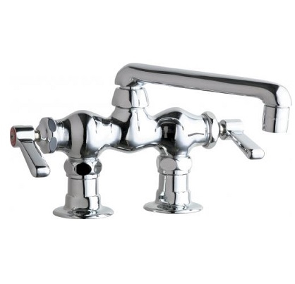 Chicago Faucets 772-ABCP Hot and Cold Water Sink Faucet, Deck Mounted, 3-3/8" Fixed Centers, 6" S-Type Swing Spout, 2.2 GPM Softflo Aerator, 2-3/8" Lever Handle