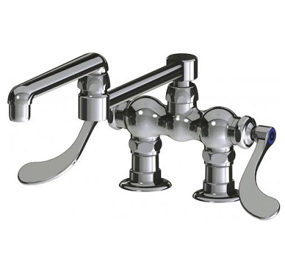 Chicago Faucets 772-DJ13-317XKABCP Hot and Cold Water Sink Faucet, Deck Mounted, 3-3/8" Fixed Centers, 13" Double-jointed Swing Spout, 2.2 GPM Softflo Aerator, Ceramic Cartridge, 4" Wristblade Handle