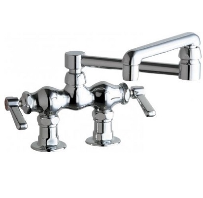 Chicago Faucets 772-DJ18E35ABCP Hot and Cold Water Sink Faucet, Deck Mounted, 3-3/8" Fixed Centers, 18" Double-jointed Swing Spout, 1.5 GPM Softflo Aerator, 2-3/8" Lever Handle