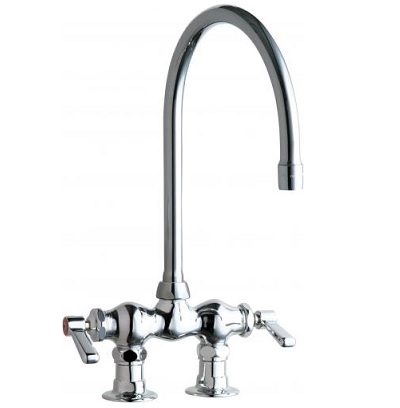 Chicago Faucets 772-GN8AE35ABCP Hot and Cold Water Sink Faucet, Deck Mounted, 3-3/8" Fixed Centers, 8" Gooseneck Spout, 1.5 GPM Softflo Aerator, 2-3/8" Lever Handle