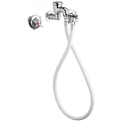 Chicago Faucets 778-VBCP Two Handle Bed Pan Cleaner, Wall Mounted, Male Rose Spray, Atmospheric Vacuum Breaker, 48" White Vinyl Hose, 3" Cross Handle