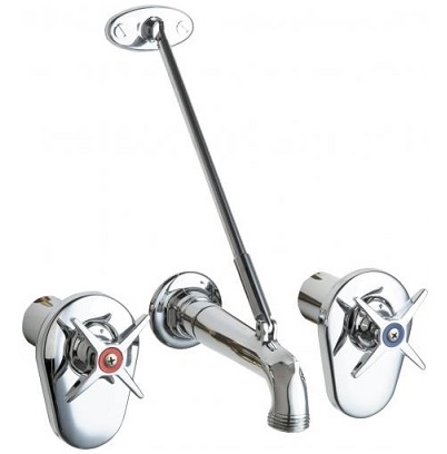 Chicago Faucets 782-ISXKCCP Concealed Hot and Cold Water Sink Faucet, 8" Fixed Centers, 5-3/4" Spout with Pail Hook and Wall Brace, Stop Valve, Ceramic Cartridge with Integrated Check Valve, 3" Cross Handle