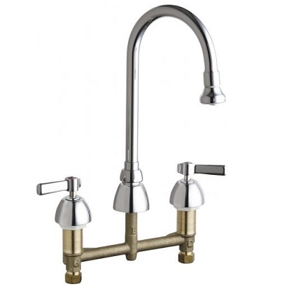 Chicago Faucets 786-369ABCP Concealed Hot and Cold Water Sink Faucet, 8" Fixed Centers, 5-1/4" Gooseneck Spout, 2.0 GPM Male Rose Spray, 2-3/8" Lever Handle