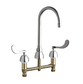 Chicago Faucets 786-E2805-5ABCP Concealed Hot and Cold Water Sink Faucet, 8" Fixed Centers, 5-1/4" Gooseneck Spout, 0.5 GPM Vandal Proof Econo-Flo Non-Aerating Spray, 4" Wristblade Handle
