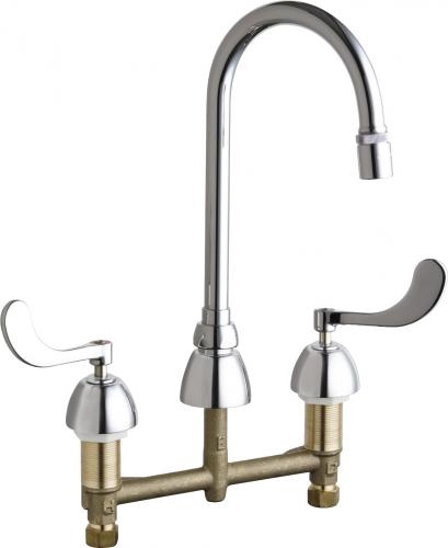 Chicago Faucets 786-E29-245ABCP Concealed Hot and Cold Water Sink Faucet, 8" Fixed Centers, 5-1/4" Gooseneck Spout, 2.2 GPM Laminar Flow Non-Aerating Outlet, Quaturn Control-A-Flo Operating Cartridge, 4" Wristblade Handle