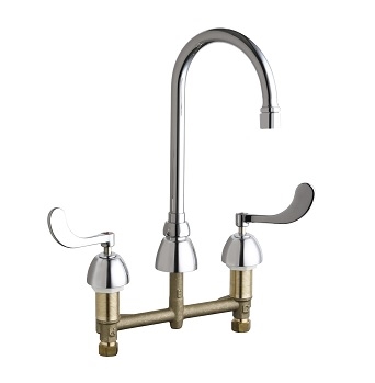 Chicago Faucets 786-E35VPCABCP Concealed Hot and Cold Water Sink Faucet, 8" Fixed Centers, 5-1/4" Gooseneck Spout, 1.5 GPM Vandal Proof Softflo Aerator, 4" Wristblade Handle