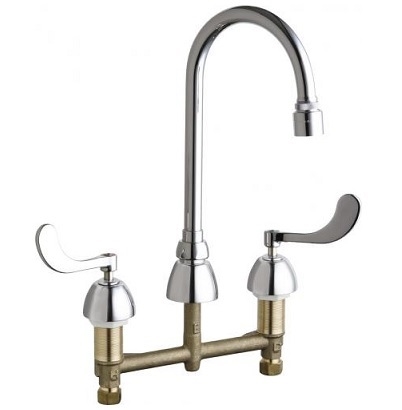 Chicago Faucets 786-E65VPXKABCP Concealed Hot and Cold Water Sink Faucet, 8" Fixed Centers, 5-1/4" Gooseneck Spout, 1.0 GPM Vandal Proof Laminar Flow Non-Aerating Outlet, Ceramic Cartridge, 4" Wristblade Handle