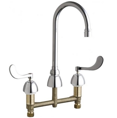 Chicago Faucets 786-E67VPCABCP Concealed Hot and Cold Water Sink Faucet, 8" Fixed Centers, 5-1/4" Gooseneck Spout, 0.5 GPM Vandal Proof Laminar Flow Non-Aerating Outlet, 4" Wristblade Handle
