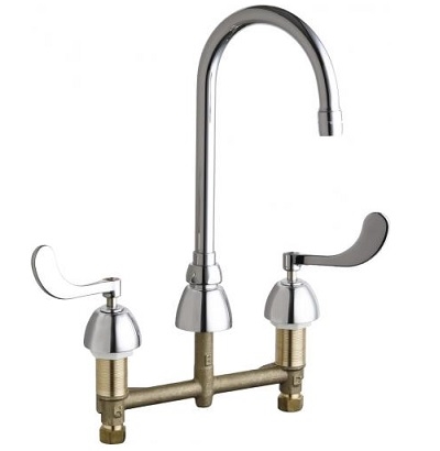 Chicago Faucets 786-E72-245ABCP Concealed Hot and Cold Water Sink Faucet, 8" Fixed Centers, 5-1/4" Gooseneck Spout, 0.5 GPM Laminar Flow Non-Aerating Outlet, Quaturn Control-A-Flo Operating Cartridge, 4" Wristblade Handle