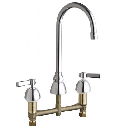 Chicago Faucets 786-E72-369ABCP Concealed Hot and Cold Water Sink Faucet, 8" Fixed Centers, 5-1/4" Gooseneck Spout, 0.5 GPM Laminar Flow Non-Aerating Outlet, 2-3/8" Lever Handle