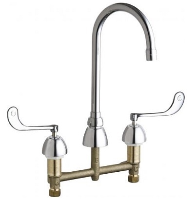 Chicago Faucets 786-E73-319XKABCP Concealed Hot and Cold Water Sink Faucet, 8" Fixed Centers, 5-1/4" Gooseneck Spout, 1.0 GPM Non-Aerating Laminar Outlet, Ceramic Cartridge, 6" Elbow Blade Handle