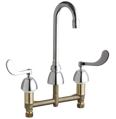 Chicago Faucets 786-GN1AE3-245ABCP Concealed Hot and Cold Water Sink Faucet, 8" Fixed Centers, 3-1/2" Gooseneck Spout, 2.2 GPM Softflo Aerator, Quaturn Control-A-Flo Operating Cartridge, 4" Wristblade Handle