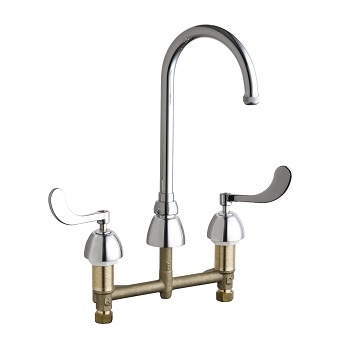 Chicago Faucets 786-GN2AFCE1ABCP Concealed Hot and Cold Water Sink Faucet, 8" Fixed Centers, 5-1/4" Gooseneck Spout, 1.5 GPM Laminar Flow Control, Full Flow Quixtop Outlet, 4" Wristblade Handle