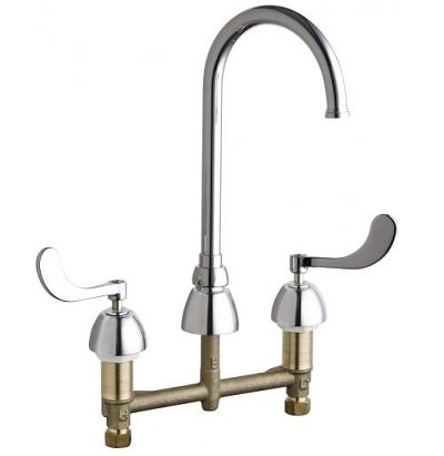 Chicago Faucets 786-GN2FC245ABCP Concealed Hot and Cold Water Sink Faucet, 8" Fixed Centers, 5-1/4" Gooseneck Spout, 1.5 GPM Laminar Flow Control Insert in Spout Inlet, Quaturn Control-A-Flo Operating Cartridge, 4" Wristblade Handle