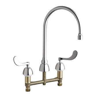 Chicago Faucets 786-GN8AE29VPABCP Concealed Hot and Cold Water Sink Faucet, 8" Fixed Centers, 8" Gooseneck Spout, 2.2 GPM Laminar Flow Non-Aerating Outlet, 4" Wristblade Handle