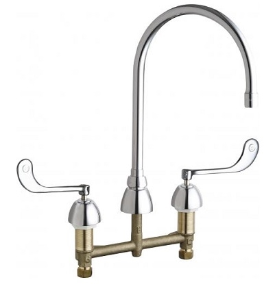 Chicago Faucets 786-GN8AE73-319AB Concealed Hot and Cold Water Sink Faucet, 8" Fixed Centers, 8" Gooseneck Spout, 1.0 GPM Non-Aerating Laminar Outlet, 6" Elbow Blade Handle