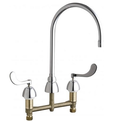 Chicago Faucets 786-GN8AE73XKABCP Concealed Hot and Cold Water Sink Faucet, 8" Fixed Centers, 8" Gooseneck Spout, 1.0 GPM Non-Aerating Laminar Outlet, Ceramic Cartridge, 4" Wristblade Handle