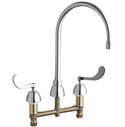 Chicago Faucets 786-GR8E35V317XKAB Hot and Cold Water Sink Faucet, 8" Fixed Centers, 8" Restricted Swing Gooseneck Spout, 1.5 GPM Vandal Proof Softflo Aerator, Ceramic Cartridge, 4" Wristblade Handle