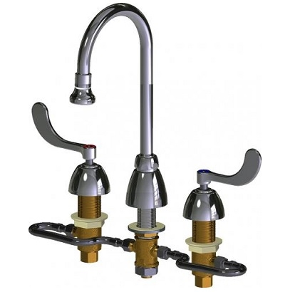 Chicago Faucets 786-HGN2BE4-317AB Hot and Cold Water Sink Faucet, Fully Adjustable 6" - 26", 5-1/4" Gooseneck Spout, 1.5 GPM Male Rose Spray, 4" Wristblade Handle