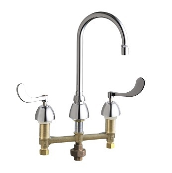Chicago Faucets 786-TWGN2AE35ABCP Concealed Hot and Cold Water Sink Faucet with Third Water Inlet, 8" Fixed Centers, 5-1/4" Gooseneck Spout, 1.5 GPM Softflo Aerator, 4" Wristblade Handle