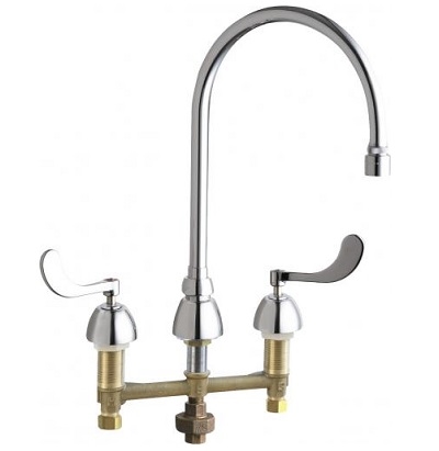 Chicago Faucets 786-TWGN8AE65VXKAB Concealed Hot and Cold Water Sink Faucet with Third Water Inlet, 8" Fixed Centers, 8" Rigid/Swing Gooseneck Spout, 1.0 GPM Laminar Flow Non-Aerating Outlet, Ceramic Cartridge, 4" Wristblade Handle