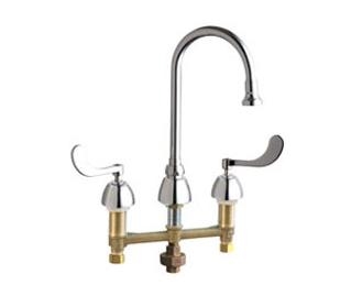 Chicago Faucets 786-TWXKABCP Concealed Hot and Cold Water Sink Faucet with Third Water Inlet, 8" Fixed Centers, 5-1/4" Gooseneck Spout, 1.5 GPM Male Rose Spray, Ceramic 1/4-Turn Operating Cartridge, 4" Wristblade Handle