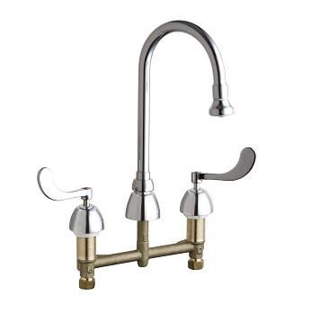 Chicago Faucets 786-XKABCP Concealed Hot and Cold Water Sink Faucet, 8" Fixed Centers, 5-1/4" Gooseneck Spout, 1.5 GPM Male Rose Spray, Ceramic 1/4-Turn Operating Cartridge, 4" Wristblade Handle