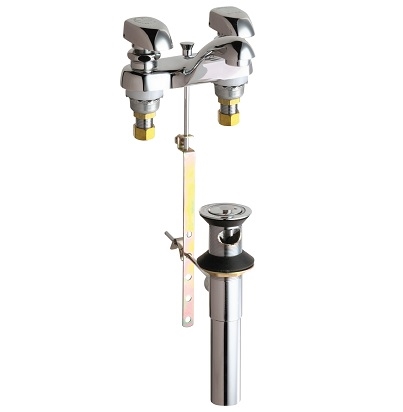 Chicago Faucets 797-335ABCP Hot and Cold Water Metering Sink Faucet with Pop-up Waste, 4" Fixed Centers, 2.2 GPM Softflo Aerator, 1-1/2" Push-tilt Handles