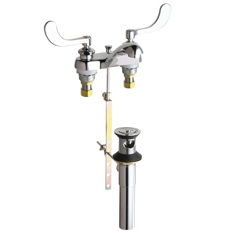 Chicago Faucets 797-E70-317ABCP Hot and Cold Water Sink Faucet with Pop-up Waste, 4" Fixed Centers, 0.5 GPM Non-Aerating Laminar Flow Outlet, 4" Wristblade Handle